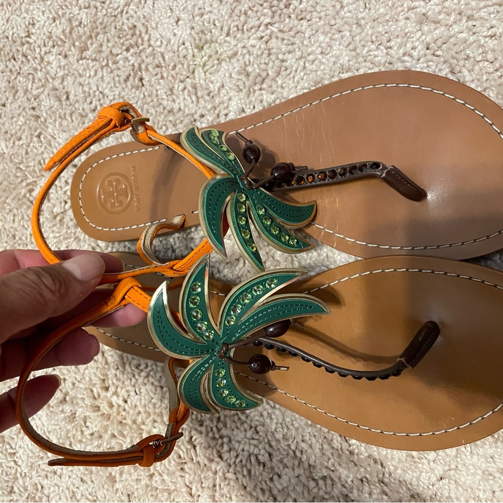 Tory Burch Green and Orange Sandals with Braided Straps